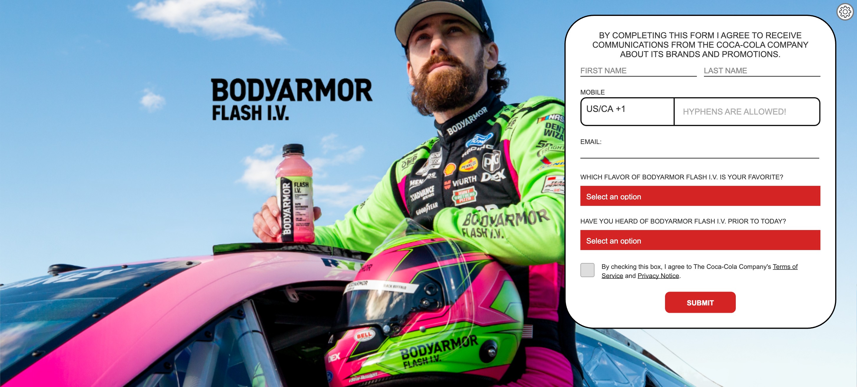 BODYARMOR FLASH I.V.: the brand’s own photo behind a data capture form