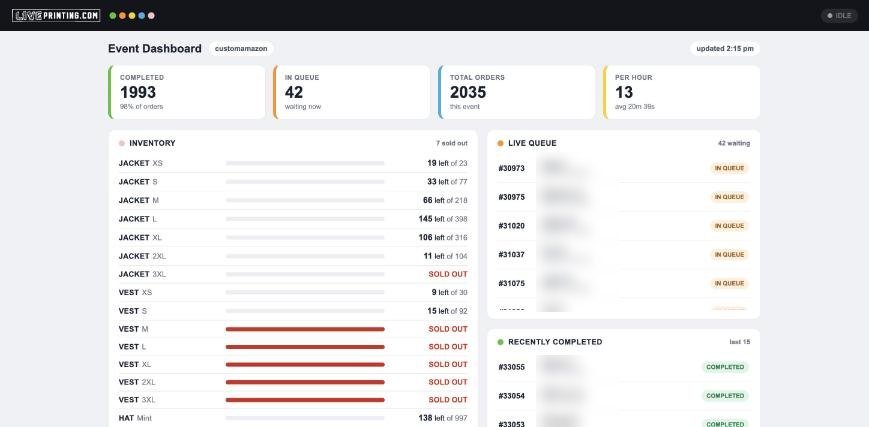 Live dashboard: totals and inventory by size